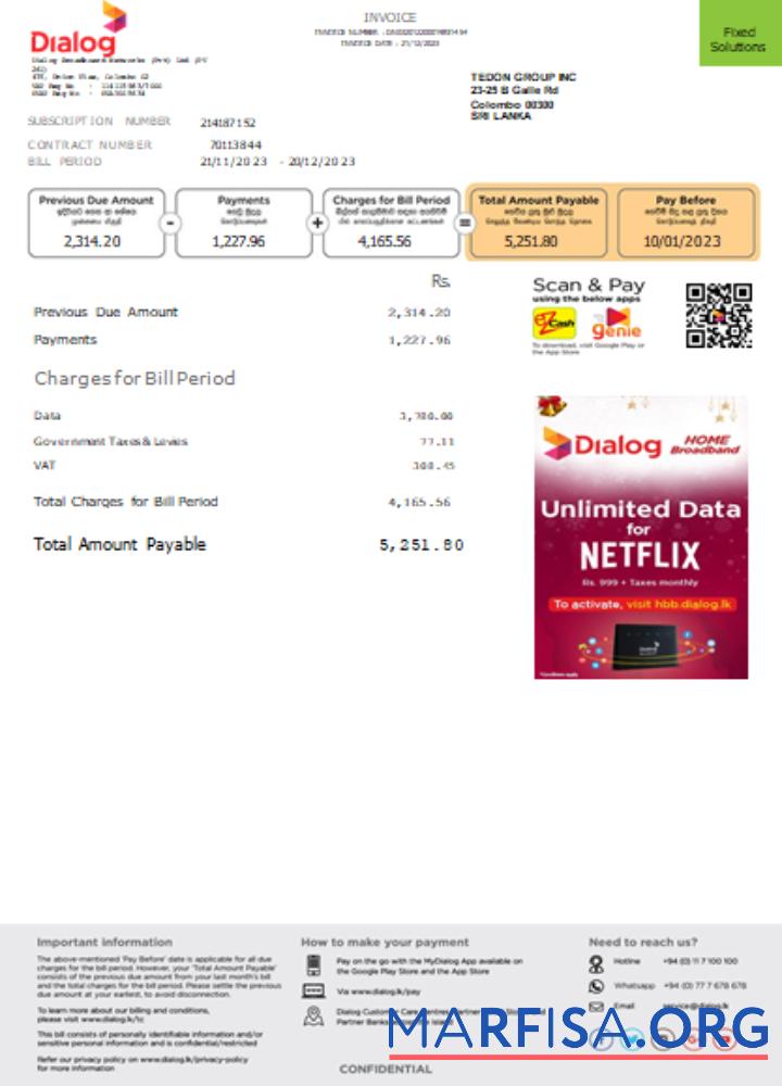 Downloadable Dialog utility business bill, page 1, SCR download for verification
